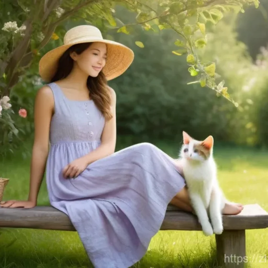 정보보안 전문가로 성장하기 위한 자격증 로드맵 - A serene and sunlit cottage garden. A young woman, wearing a modest, flowing sundress and a wide-bri...