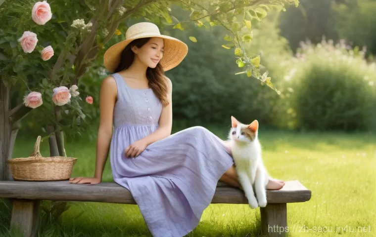 정보보안 전문가로 성장하기 위한 자격증 로드맵 - A serene and sunlit cottage garden. A young woman, wearing a modest, flowing sundress and a wide-bri...