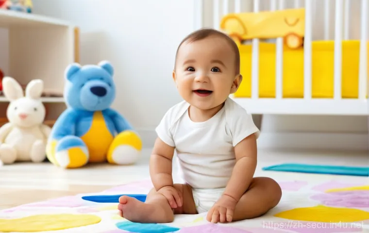 정보보안 실기 시험 합격률을 높이는 핵심 비법 - A joyful infant, approximately 8 months old, sitting upright on a plush, colorful playmat. The baby ...