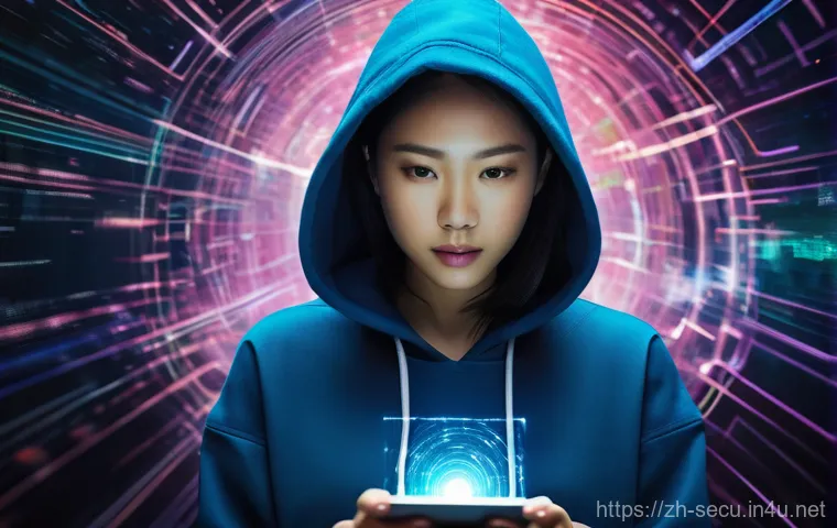 정보보안 실무와 최신 보안 트렌드의 연계성 - **Prompt:** "A realistic, dynamic shot of a young adult woman (mid-20s, East Asian, wearing stylish ...