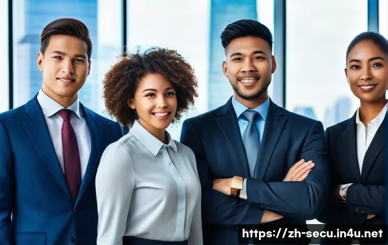 정보보안 자격증을 활용한 해외 취업 성공 사례 - **Prompt:** A diverse group of four information security professionals (two male, two female, variou...