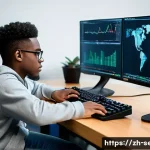 정보보안 실기 시험에서 점수를 올리는 비결 - A focused young adult cybersecurity student, wearing a comfortable hoodie and jeans, intensely engag...