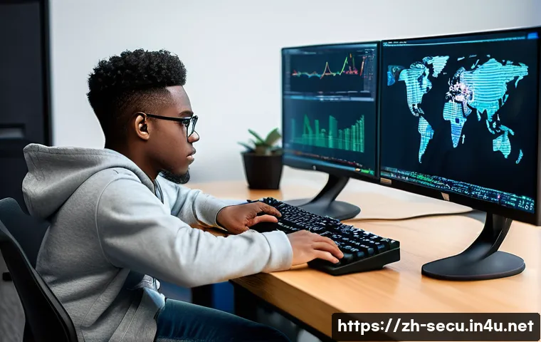 정보보안 실기 시험에서 점수를 올리는 비결 - A focused young adult cybersecurity student, wearing a comfortable hoodie and jeans, intensely engag...