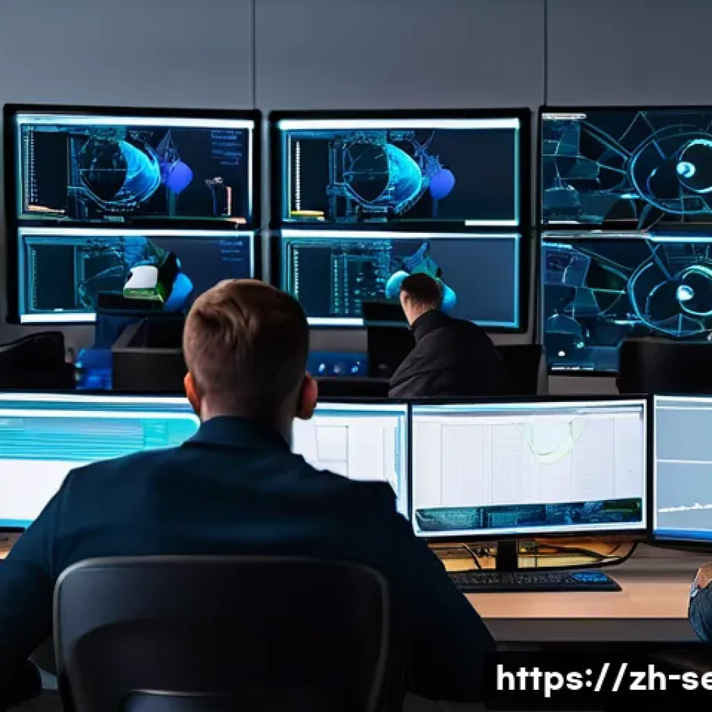 정보보안 실기 시험 대비 침투 테스트 연습법 - A detailed, modern cybersecurity training room scene showing diverse professionals collaborating aro...