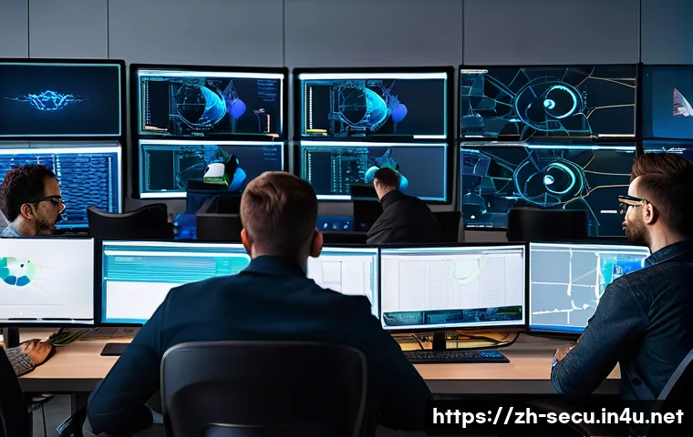 정보보안 실기 시험 대비 침투 테스트 연습법 - A detailed, modern cybersecurity training room scene showing diverse professionals collaborating aro...