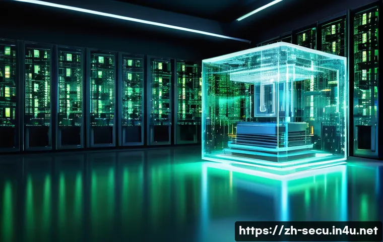 정보보안 실무에서 자주 사용되는 암호화 알고리즘 - A futuristic digital vault scene illustrating advanced data encryption technology: a glowing, transp...