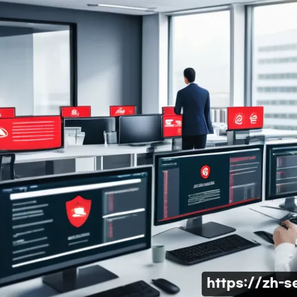 정보보안 실무에서 자주 발생하는 내부 위협 사례 - A modern office scene showing diverse employees working at their desks with multiple computer screen...