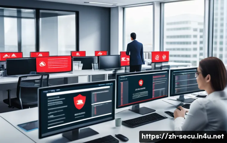 정보보안 실무에서 자주 발생하는 내부 위협 사례 - A modern office scene showing diverse employees working at their desks with multiple computer screen...