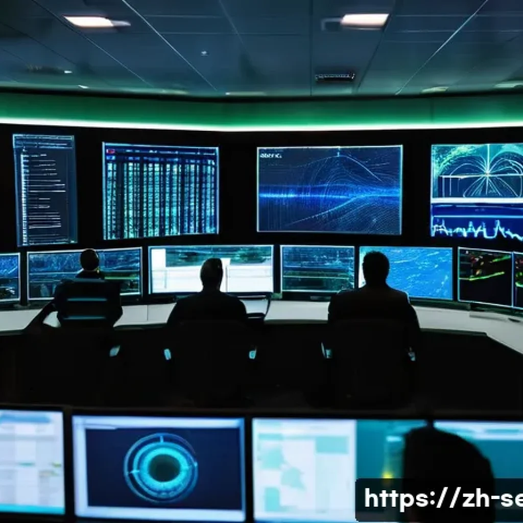 정보보안 실무에서 발생한 DDoS 공격 대응 사례 - A high-tech network operations center at night, with multiple large digital screens displaying real-...