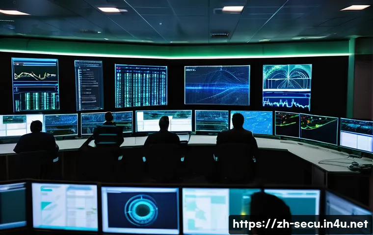정보보안 실무에서 발생한 DDoS 공격 대응 사례 - A high-tech network operations center at night, with multiple large digital screens displaying real-...