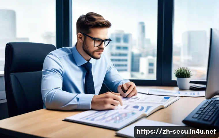 정보보안 자격증과 경력 개발의 상호 보완성 - A professional information security specialist studying cybersecurity certifications at a modern off...