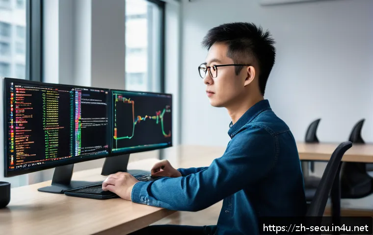 정보보안기사 실기 시험 대비 코딩 연습법 - A modern programming workspace featuring a young Chinese developer sitting at a sleek desk in a well...