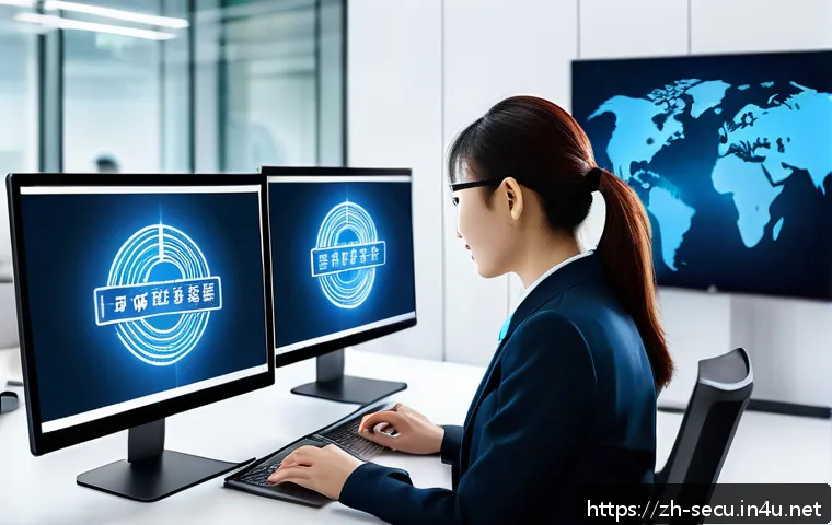 정보보안 실무와 관련된 암호화 표준 적용 사례 - A modern corporate office scene illustrating secure internal file transfer using AES-256 encryption,...