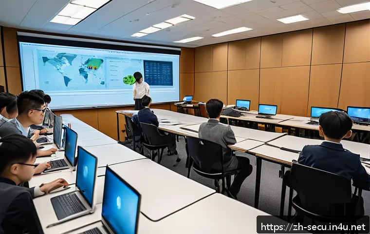 정보보안 필기 시험에서 자주 출제되는 문제 유형 - A modern digital classroom scene focused on cybersecurity education, featuring a diverse group of yo...
