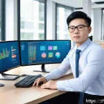 정보보안 자격증과 네트워크 보안의 연계성 - A confident young professional in business casual attire sitting at a modern desk with multiple comp...