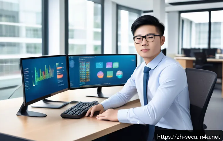 정보보안 자격증과 네트워크 보안의 연계성 - A confident young professional in business casual attire sitting at a modern desk with multiple comp...