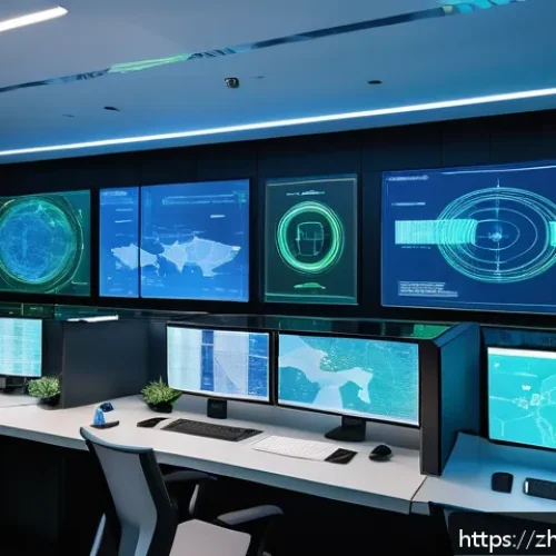 정보보안 실무와 연계된 데이터 유출 방지 기술 - A futuristic cybersecurity control room with multiple transparent digital screens displaying layered...