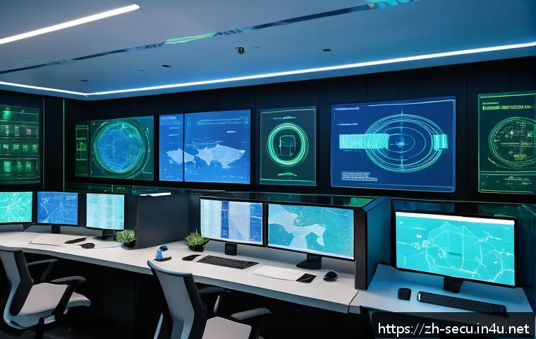 정보보안 실무와 연계된 데이터 유출 방지 기술 - A futuristic cybersecurity control room with multiple transparent digital screens displaying layered...