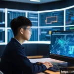 정보보안 필기와 실기의 학습 연결법 - A modern cybersecurity training room with a young adult Chinese student attentively studying a large...