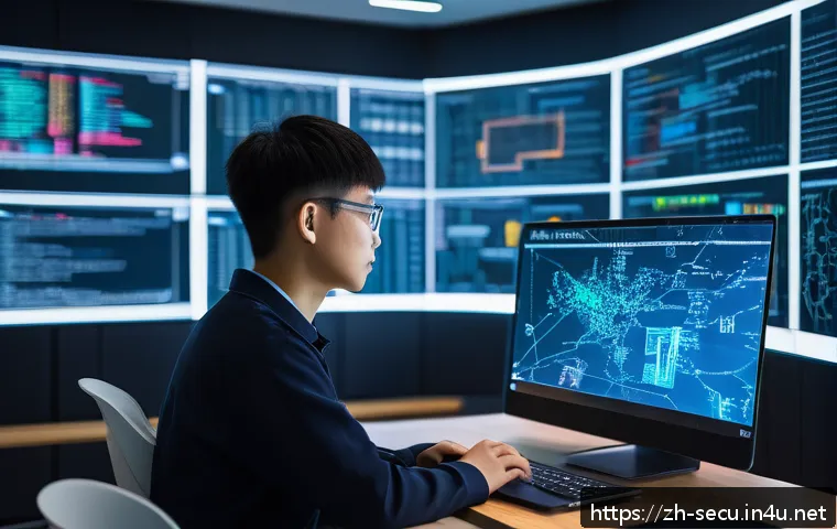 정보보안 필기와 실기의 학습 연결법 - A modern cybersecurity training room with a young adult Chinese student attentively studying a large...