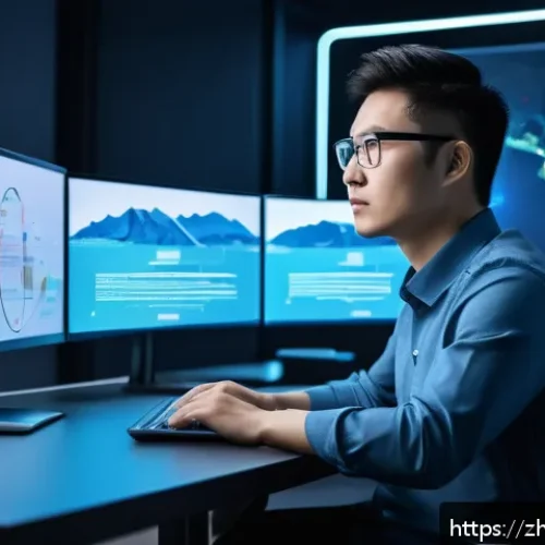 정보보안 자격증 취득 후 사이버 보안 분야 진출기 - A modern cybersecurity professional workspace with a young Asian man in business casual attire sitti...