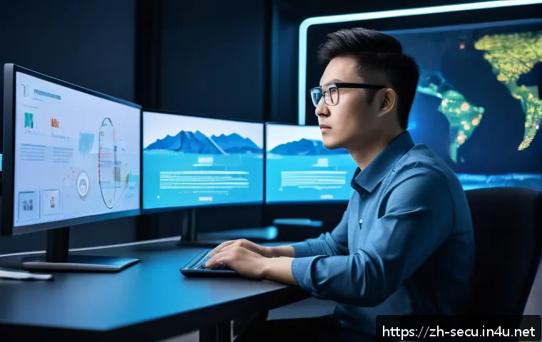 정보보안 자격증 취득 후 사이버 보안 분야 진출기 - A modern cybersecurity professional workspace with a young Asian man in business casual attire sitti...